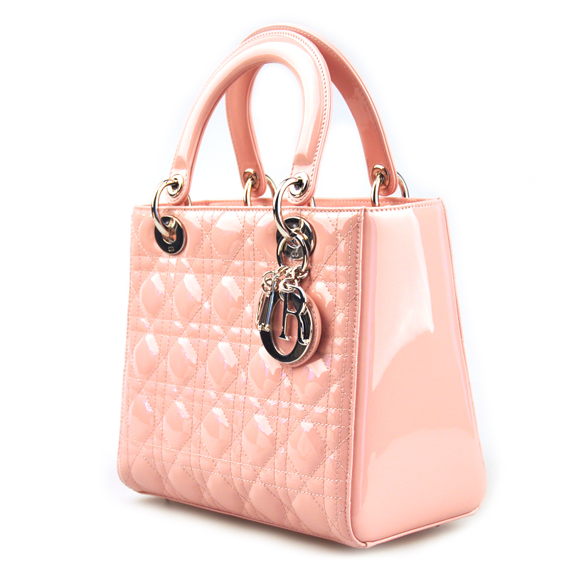 dior 迪奥lady dior系列粉色漆皮五格女士手提包